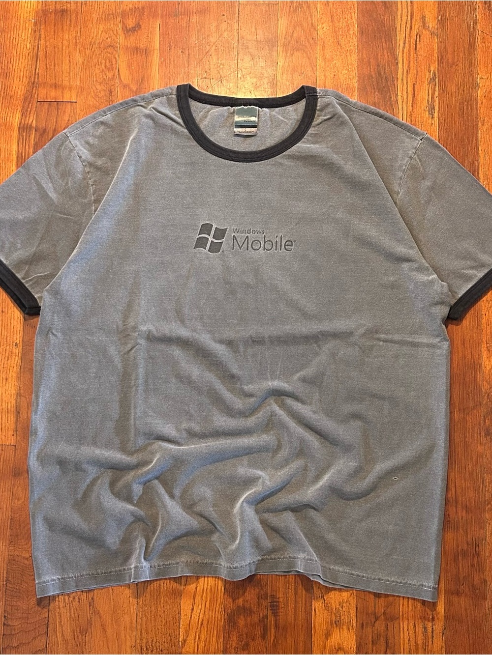 Vintage Microsoft Windows Mobile Computer Tech Faded Gray Black Ringer T-shirt L